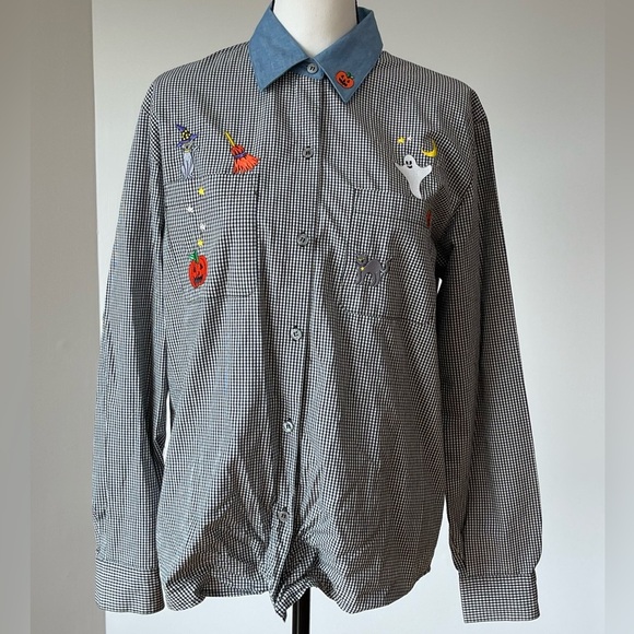 Hampshire Studio 100% cotton gingham embroidered Halloween button up tie shirt - Picture 1 of 16